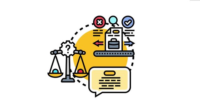 Ai character profiles processing data on a conveyor belt system, evaluating inputs with a scale, and generating informative output