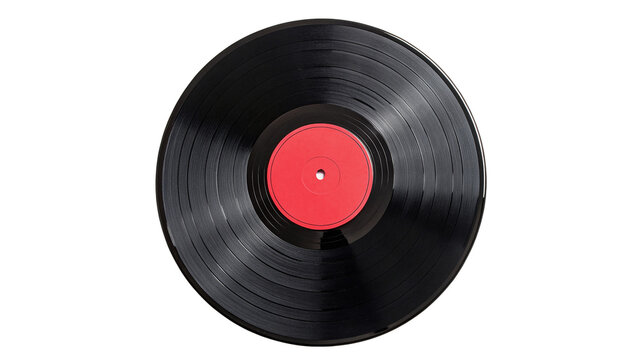 Vintage black vinyl record disc with red label for retro music isolated on transparent background