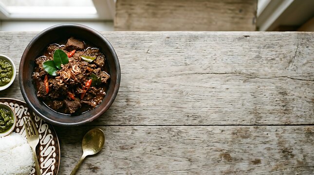 Traditional beef rendang with rice on rustic wooden table