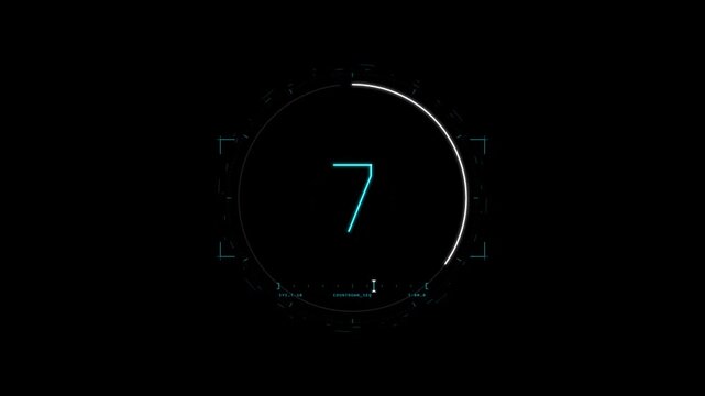 Futuristic Cyan Sci-Fi Digital HUD Countdown Animation 10 to 0 with Animated Circular Ring and Transparent Background