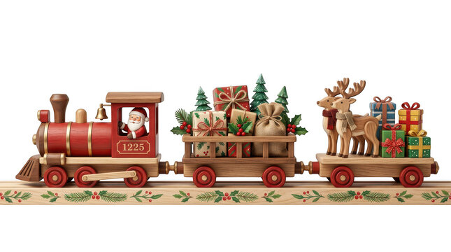 Wooden christmas toy train with santa carrying gifts isolated on transparent background