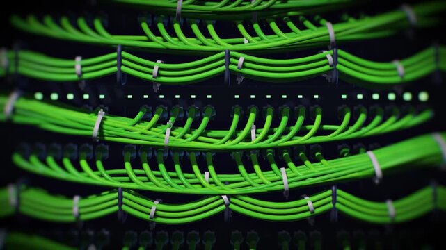Close-up green patch cables and blinking lights in server rack