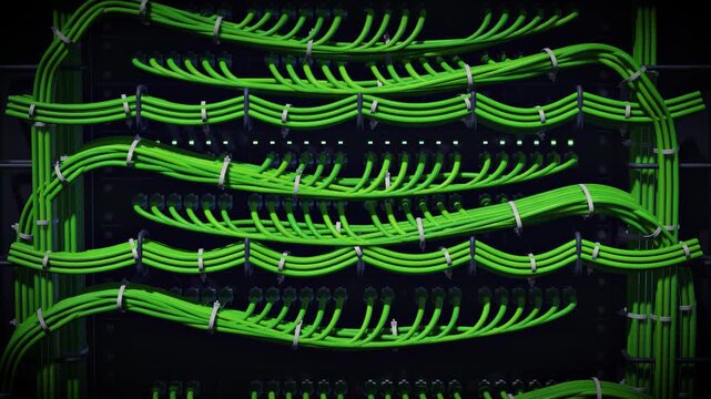 Neatly organized green patch cables on data center network panel