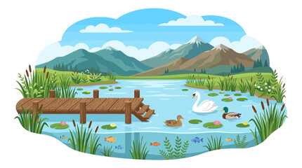 Cartoon Illustration of a Peaceful Lake with Mountains © sate