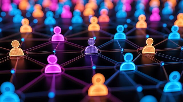 Network of glowing human silhouette in blue, orange, and purple connected by lines representing social media and global communication
