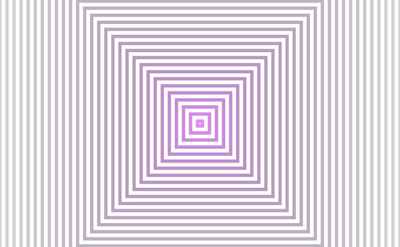 Abstract geometric background with concentric squares and vertical stripes in purple and white optical illusion pattern
