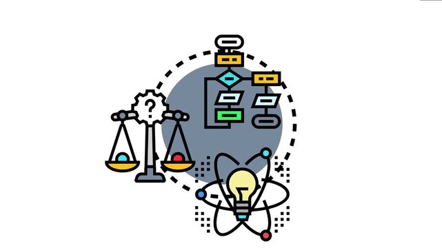 Artificial intelligence processing data, evaluating options with a scale, and generating innovative ideas with a flowchart for problem solving and intelligent analysis