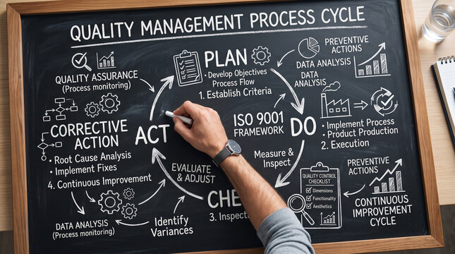A detailed illustration of the quality management process cycle, shown on a chalkboard with a hand writing on it