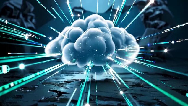 glowing digital data streams entering a futuristic cloud computing structure, transparent cloud made of particles and light