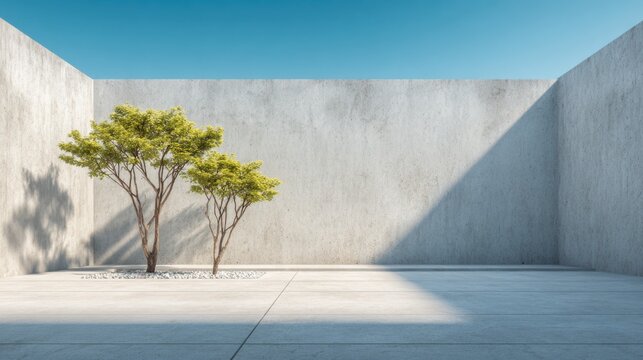 Minimalist concrete courtyard with lone green tree, modern architecture wall shadows, serene empty outdoor space background