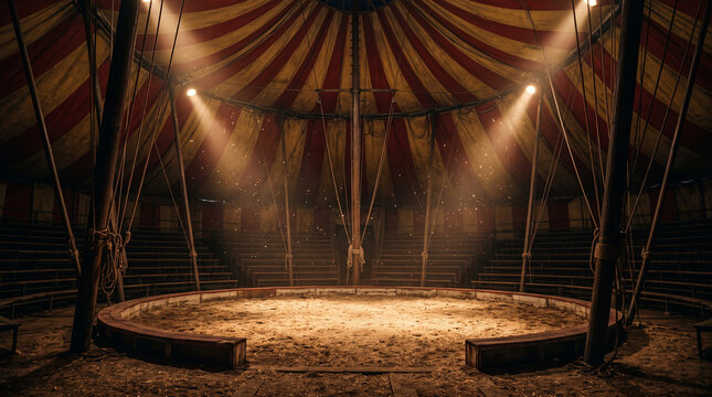 Empty vintage circus ring inside dramatic red and yellow big top tent