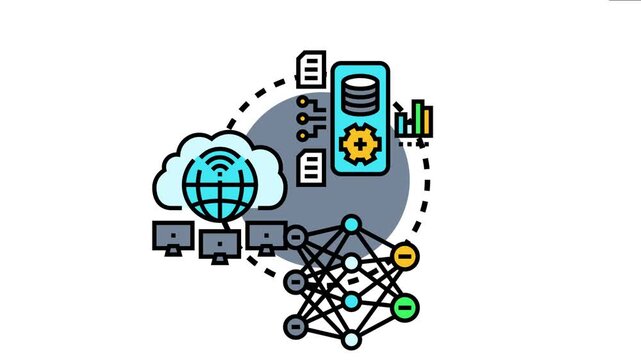 Artificial intelligence concept showing data processing, cloud computing, server management, and neural network algorithms for modern technology and innovation