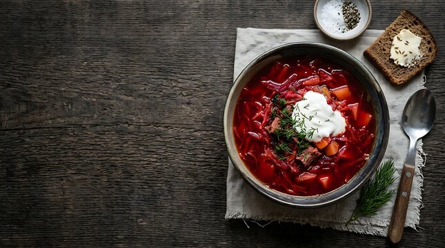 Traditional beetroot soup with sour cream and bread on wood table