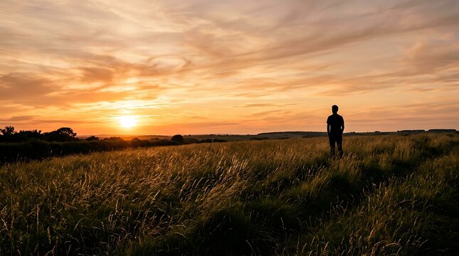 Silhouette of a man standing in a grassy field at sunset