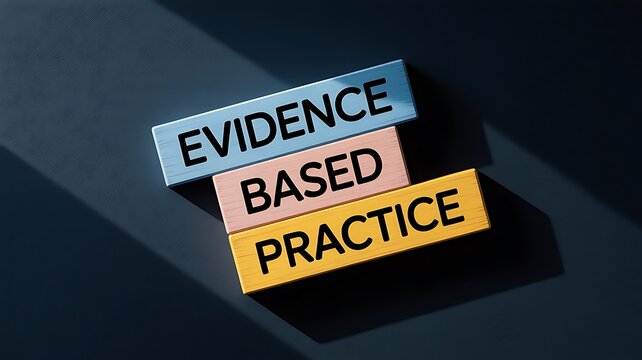 Three colorful wooden blocks stacked on a dark surface with the words evidence based practice printed in black letters, concept
