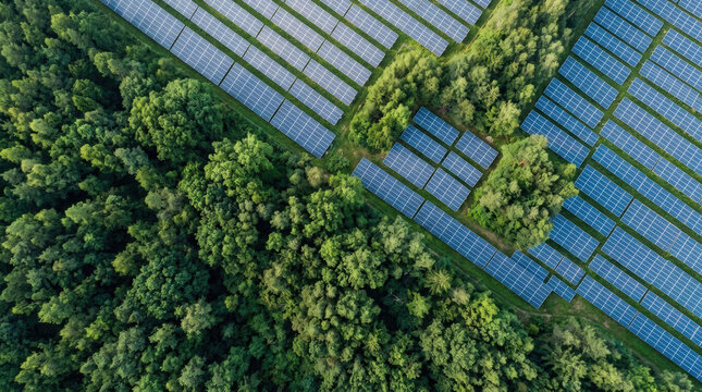 Solar panel solar energy renewable energy green energy forest aerial landscape environment sustainability ecology Solar panel farm border with dense green forest, aerial landscape view showing