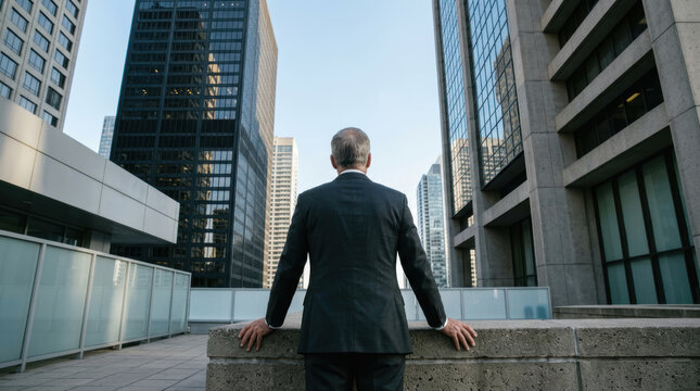 Businessman back view city office skyscraper rooftop urban professional corporate success Businessman back view city office rooftop surrounded by urban skyscraper feeling confident and focused