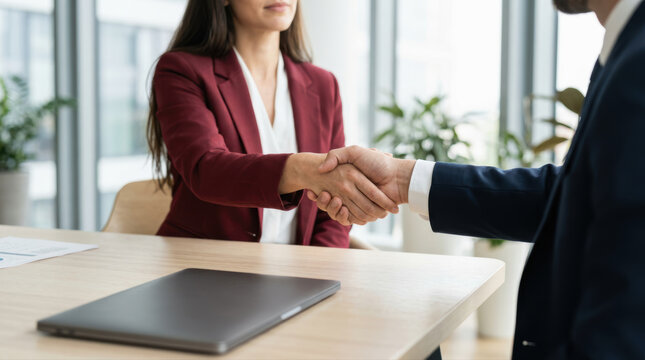 Business handshake job interview office meeting agreement partnership hiring human resource negotiation professional success woman man employer candidate corporate career contract deal teamwork