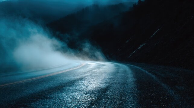 Moody foggy mountain road at night, wet asphalt highway with blue light, atmospheric travel background with copy space
