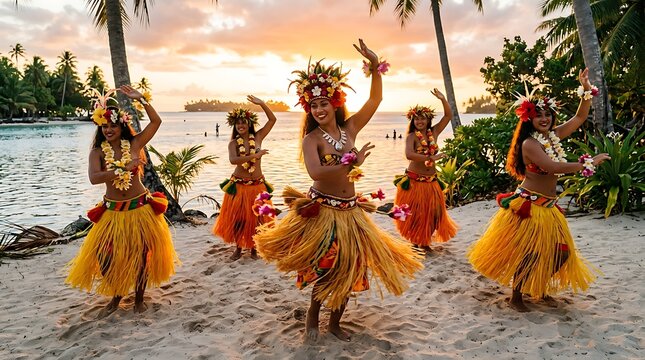 Polynesian dancers performing traditional hula on a beach at sunset