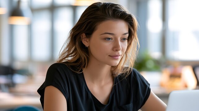 Focused young Hispanic female Curriculum Developer preparing lesson plans on laptop in school office