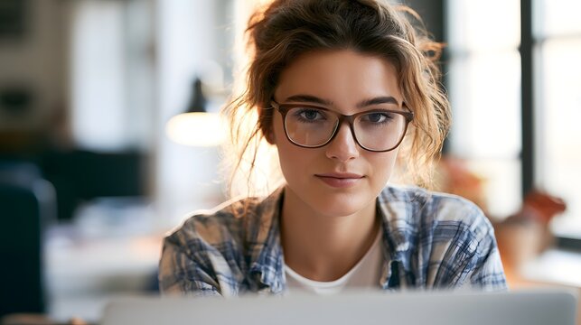 Focused young female Curriculum Developer preparing lesson plans in school office