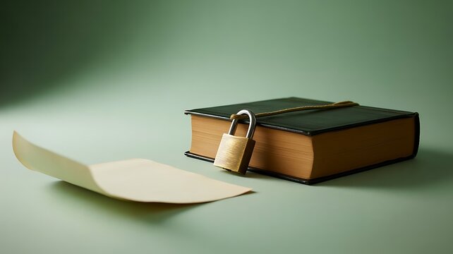 Vintage book secured with a brass padlock and a blank paper sheet on green background, security secret