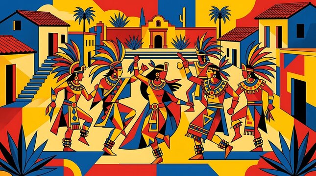 Vibrant folk dancers in a colorful geometric town square