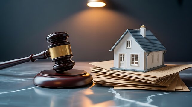 Wooden judge gavel resting beside a stack of legal documents and a small model house representing property law and real estate disputes