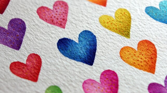 Colorful watercolor hearts on textured white paper, rainbow love background, hand painted valentine pattern for design