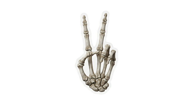 Skeleton hand making a peace sign gesture