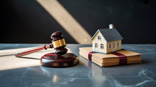Wooden judges gavel placed next to a stack of legal documents and a small model house representing real estate law and property litigation