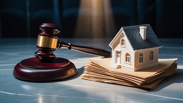 Wooden judges gavel and miniature house model on legal documents representing real estate law property disputes and housing court proceedings