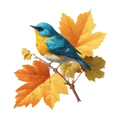 Obraz premium Colorful bird perched on autumn leaves illustration.