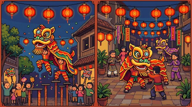Pixel art chinese lion dance celebration with red lanterns