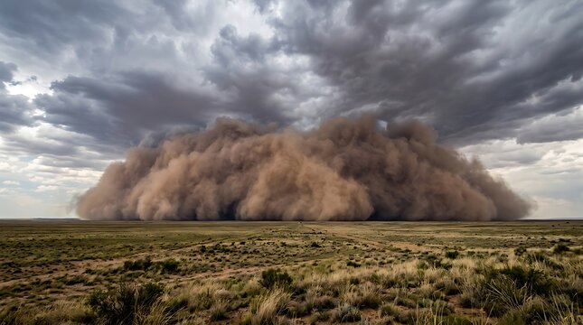 Massive dust storm moving across open desert plains