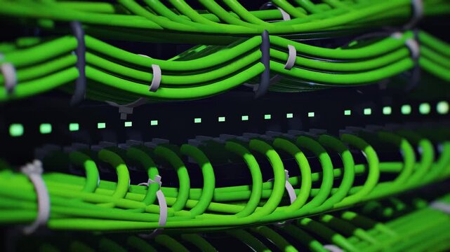 Green fiber optic cables in data center server rack network panel