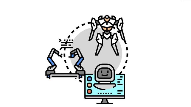 Ai robot prototype sketch the process of developing futuristic technology, including automated machines, artificial intelligence, and robotic arm assembly