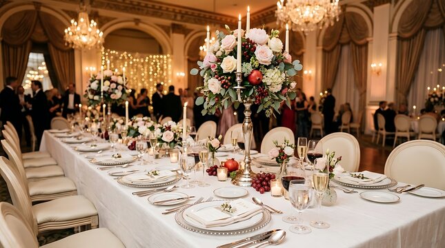 Elegant long dining table set for a formal gala dinner in a luxurious historic ballroom with chandeliers