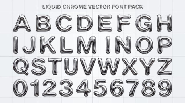 A digital font pack displaying an alphabet and numbers rendered in a glossy metallic liquid chrome balloon style