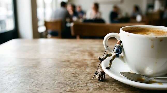 Miniature traveler figure resting on a coffee cup saucer in a cafe