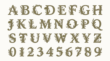 Naklejka premium An alphabet and numeric set in a serif font decorated with botanical illustrations of flowers vines and leaves