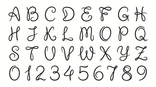 A digital illustration displaying uppercase alphabet letters AZ and digits 09 in a decorative cursive script font