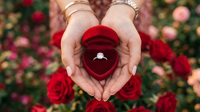 A person holding a heart shaped red velvet ring box with a diamond engagement ring inside surrounded by roses
