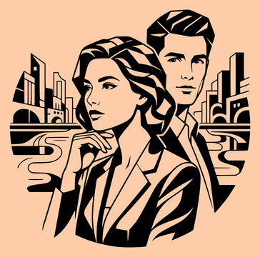 Professional businesswoman and man in suits pointing at city skyline during strategic planning session