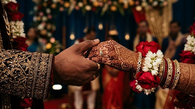 Close up of a bride and groom holding hands during a traditional indian wedding ceremony celebration
