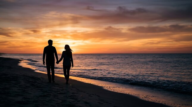 Romantic couple walking hand in hand on a beach during a golden sunset