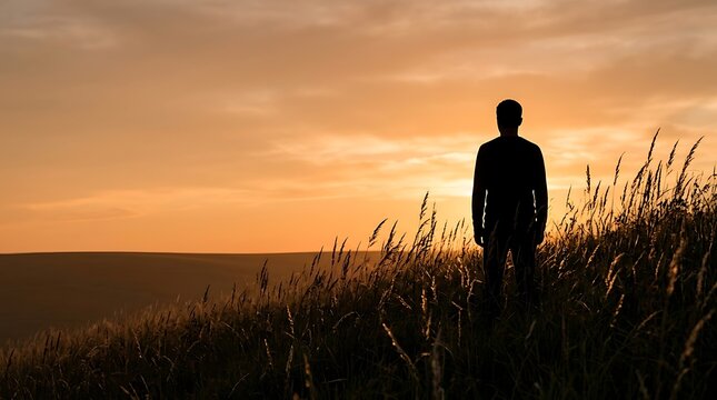 Silhouette of a man standing in a field looking at the sunset