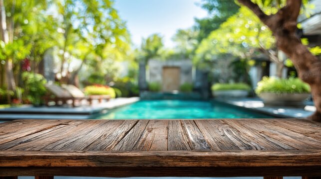 Rustic wooden table foreground, empty outdoor patio scene with bokeh garden and pool view for product display mockup
