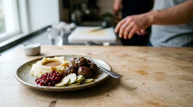 Traditional swedish meatballs with mashed potatoes and lingonberries